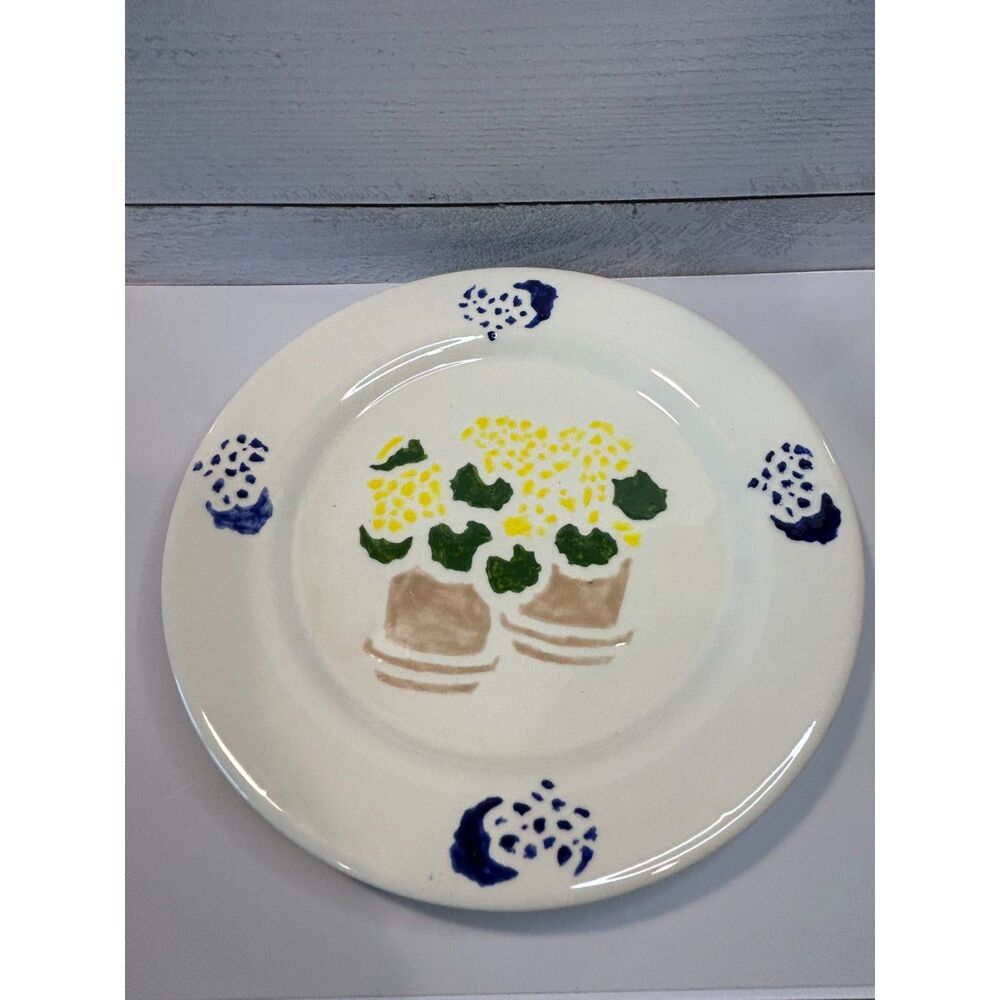 Hand Painted Floral Decorative Plate Yellow Flowers Signed Back 10in Folk Art